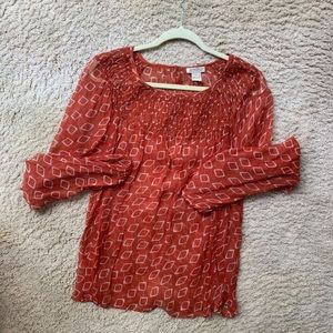 SHEER CHIFFON ORNAGE ABSTRACT PRINT LS TOP